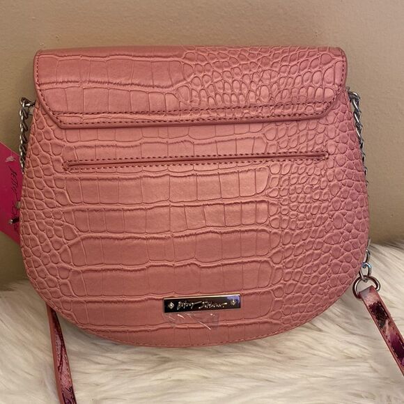 NWT Betsey Johnson Dark Blush Snake Embossed Floral Saddle Bag | Crossbody Bag - Picture 11 of 17